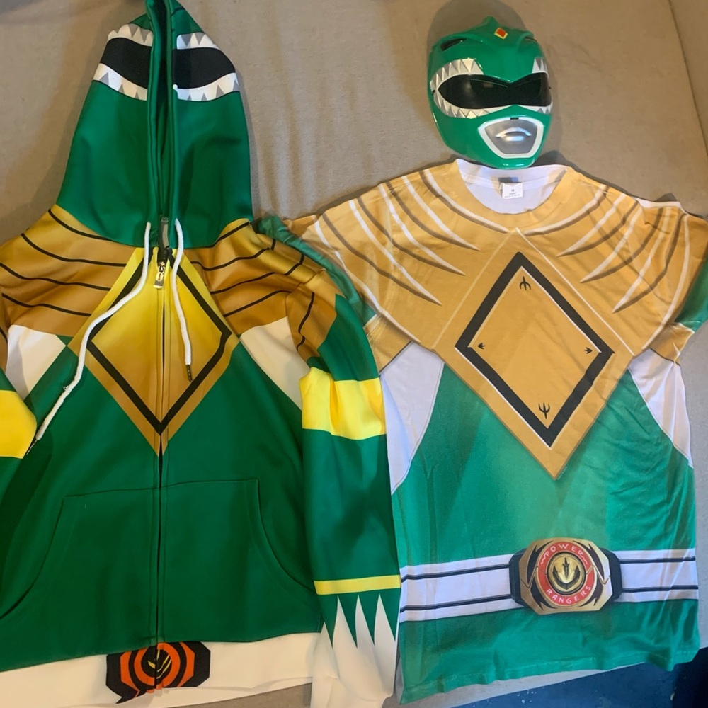 VINTAGE GREEN POWER RANGER MASK, SHIRT, AND HOODIE